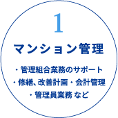 1マンション管理　・管理組合業務のサポート・修繕、改善計画・会計管理・管理員業務 など